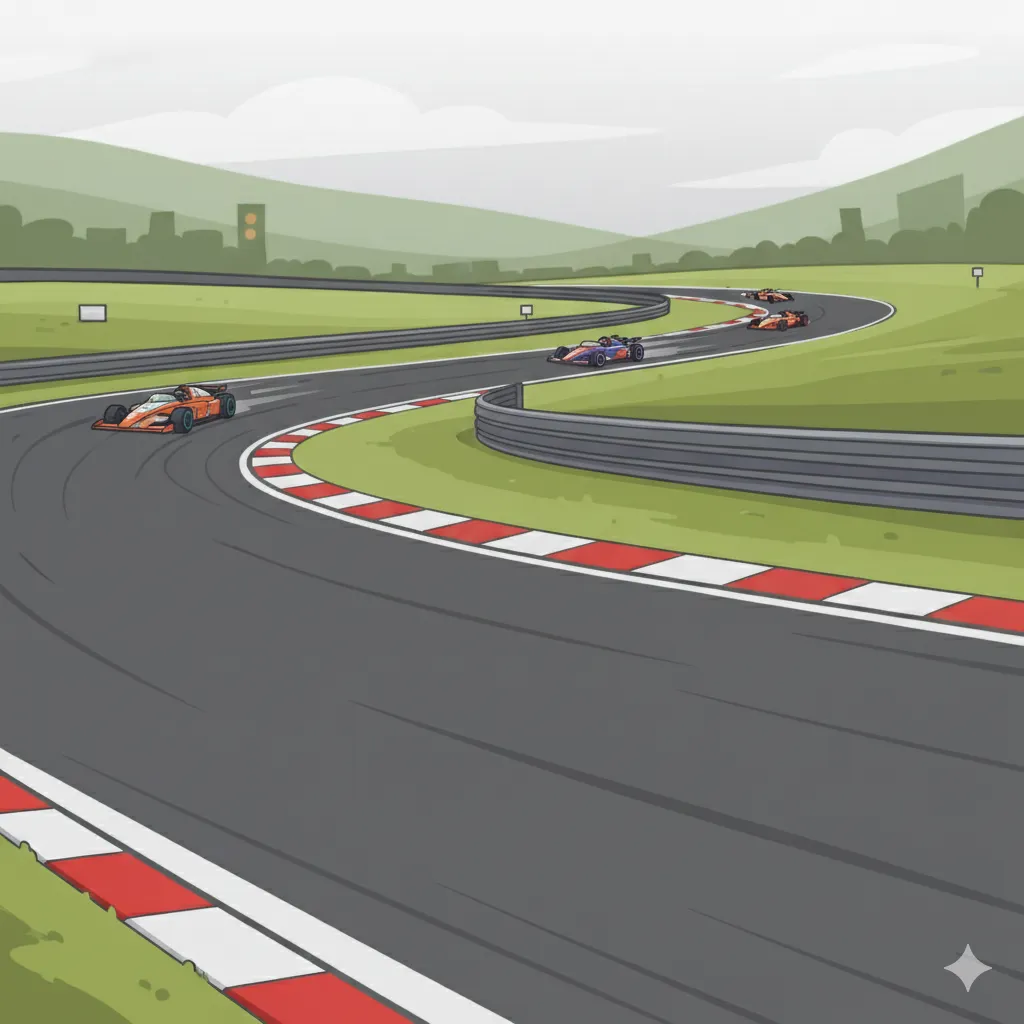 Abstract racing track background with dynamic curves representing coding competition speed and progress